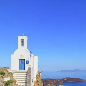 View of Agios Konstantinos church and Livadi bay in the distance, Chora, Serifos Island, Cyclades Islands, Greece