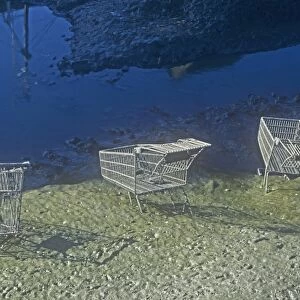 Supermarket trolleys thrown into Whitehaven harbour by vandals, Cumbria, UK