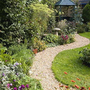 English cottage garden, winding shingle path leading to a gazebo between grass lawn