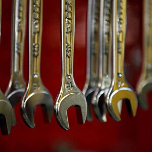Flat spanners are displayed at a hardware store in Marseille