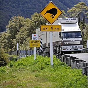 Kiwi caution sign on road to Arthurs Pass in Southern Alps South Island New Zealand
