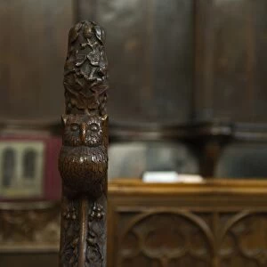 Owl carving on victorian pew end Gloucester Cathedral