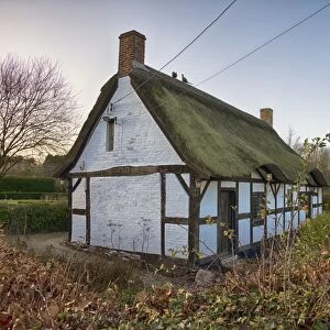 16th century half-timbered cottage, Izaak Waltons Cottage, Shallowford, Staffordshire, England, December