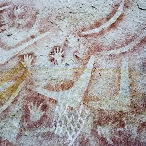 Aboriginal rock art, stencil art dated circa 2000 years old, showing depictions of hands and boomerangs, Art Gallery