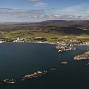Aerial view of coastline and village, Port Ellen Bay, Isle of Islay, Inner Hebrides, Scotland
