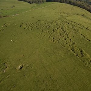 Aerial view of lead rakes, spoil heaps from ancient mines, White Peak, Peak District, Derbyshire, England, september
