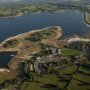 Aerial view of reservoir and visitor centre, Carsington Water, White Peak, Peak District, Derbyshire, England