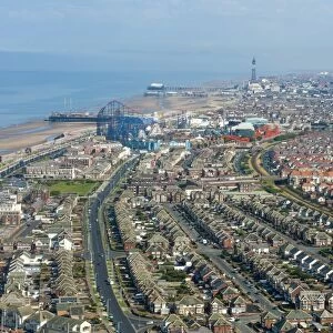 Aerial view of seaside resort town, Blackpool, Lancashire, England, August
