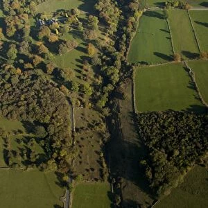 Aerial view of wooded valley and farmland, Bradford Dale, White Peak, Peak District, Derbyshire, England, september
