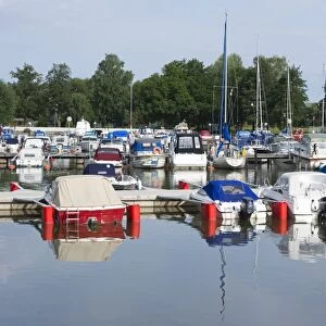 Boats in city harbour, Strangnas, Sodermanland, Sweden, august