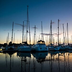 Boats moored in marina at sunset, Chichester Marina, Chichester, West Sussex, England, july