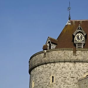 Castle tower with clock, Curfew Tower, Lower Ward, Windsor Castle, Windsor, Berkshire, England, October