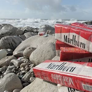 Cigarettes washed up on beach after container spill, Isle of Portland, Dorset, England, February 2014