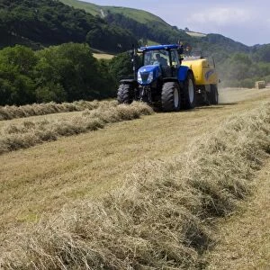 Contractor with New Holland T7040 tractor and New Holland big-square baler, baling hay on organic farm, Powys, Wales