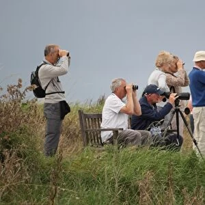 Elderly birdwatchers with binoculars and telescope, Titchwell RSPB Reserve, Norfolk, England, September