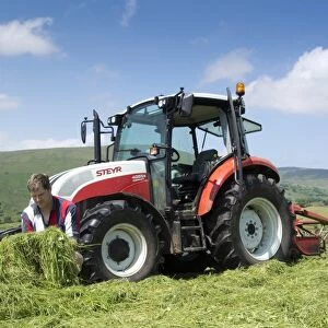 Farmer checking quality of mown grass, beside Steyr tractor with tedder, Cumbria, England, July