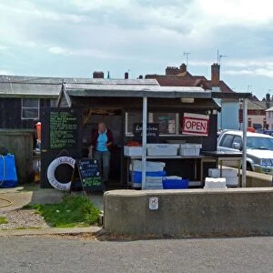 A fish kiosk on Aldeburgh beach Suffolk, sells freshly caught local fish and sea food