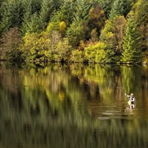 Fly fishing in reservoir, Cantref Reservoir, Taff Fawr Valley, Brecon Beacons N. P. Powys, Wales, October