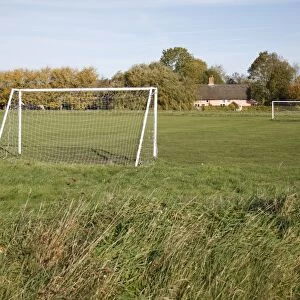 Goal posts on village football pitch, The Carnser, Mellis Common, Mellis, Suffolk, England, october