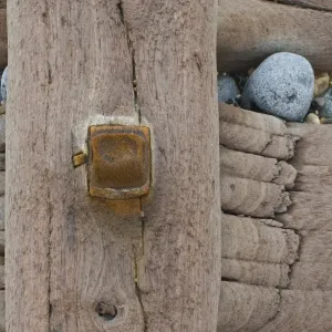 Groynes Print: Weathered Timber with Rusty Bolt and Pebbles Groynes Print: Weathered Timber with Rusty Bolt and Pebbles
