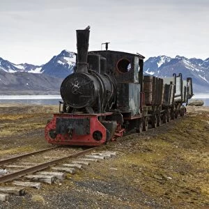 Historic coal mining stream train in tundra, Ny-Alesund, Spitsbergen, Svalbard, August