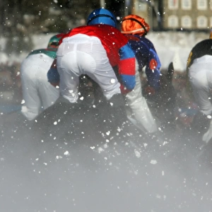 Horse racing, flat race on frozen lake, 100th anniversary jubilee, White Turf, St. Moritz, Switzerland