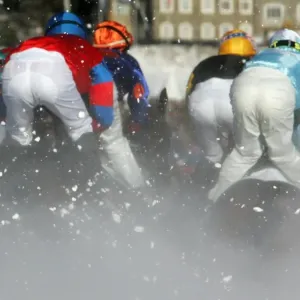 Horse racing, flat race on frozen lake, 100th anniversary jubilee, White Turf, St. Moritz, Switzerland Horse racing, flat race on frozen lake, 100th anniversary jubilee, White Turf, St. Moritz, Switzerland