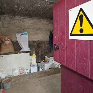 Interior of chemical store on farm, Cheshire, England, august