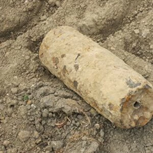 Iron Harvest, World War One shrapnel shell, unexploded with shrapnel balls still inside, Somme Battlefield, Somme