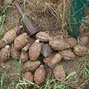 Iron Harvest, World War One unexploded grenades, recently recovered from fields, Somme Battlefield, Somme, Picardy