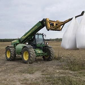 John Deere 3400 telehandler with bags of wheat seed, loading seed drill, Sweden, autumn