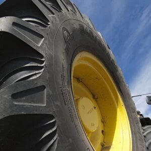 John Deere 4455 tractor, close-up of wheel, Sweden, may