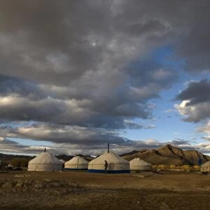 Kazakh nomads ger camp on steppe, Bayan-Ulgii, Western Mongolia, october