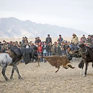 Kazakh riders in tug-of-war with goat skin during Kurbar game, Eagle Hunters Festival, Bayan-Ulgii, Western Mongolia