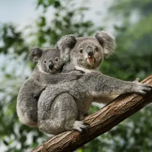 Koala (Phascolarctos cinereus) adult female with young on back, sitting on branch (captive) Koala (Phascolarctos cinereus) adult female with young on back, sitting on branch (captive)