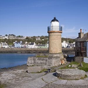 Lighthouse in seaside village, Portpatrick Lighthouse, Portpatrick Harbour, Portpatrick, Rhins of Galloway