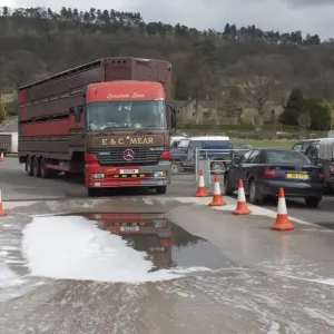 Livestock lorry about to go through disinfectant bath on leaving market, Bakewell Livestock Market, Bakewell Livestock lorry about to go through disinfectant bath on leaving market, Bakewell Livestock Market, Bakewell