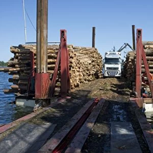 Lorry with grapple loading logs onto timber barge, Archipelago Sea, Baltic Sea, Sweden, june