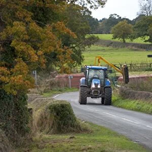 Mechanised hedge cutting, tractor with flail cutting hedgerow beside road, Tattenhall, Cheshire, England, November