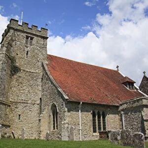 Medieval church with tower and buttresses, St. Georges Church, Arreton, Isle of Wight, England, june