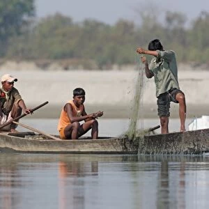 Three men fishing from boat with net on river, Dibru-Saikhowa, Assam, India, february