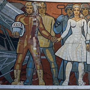 Mural depicting Russian cosmonaut Yuri Gagarin, first human in space, and Mongolian people with white doves
