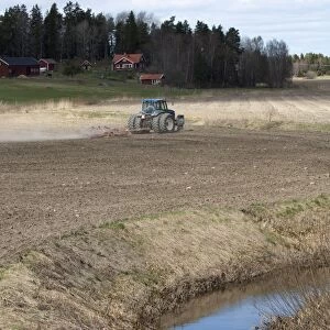 New Holland 8770 tractor with harrows, harrowing field seedbed beside small river, Sweden, may
