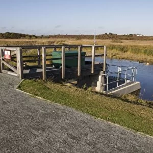 North wall water control sluice gates at RSPB Minsmere Suffolk, looking north to Dunwich