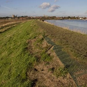 Plastic matting used to stop soil erosion on the sea wall, looking towards Orford, Suffolk