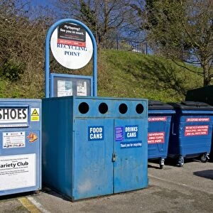 Recycling banks for shoes, cans, paper and clothing, Kent, England