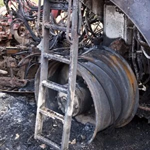 The remains of a burnt out sugar beat harvester