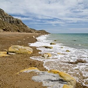 Rocks on beach and in sea under sandstone cliffs, Fairlight Cove, Covehurst Bay, near Hastings, East Sussex, England