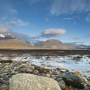 Rocks on shore of fjord during low tide, Skibotn, Lyngen Fjord, Troms County, Lapland, North Norway, September