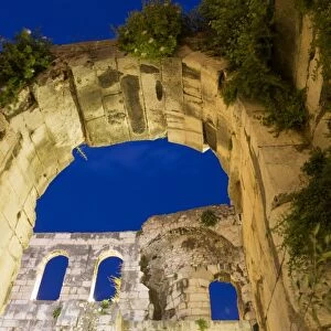 Roman archway at night, Silver Gate (Porta Argentea), Diocletians Palace, Split, Dalmatia, Croatia, July